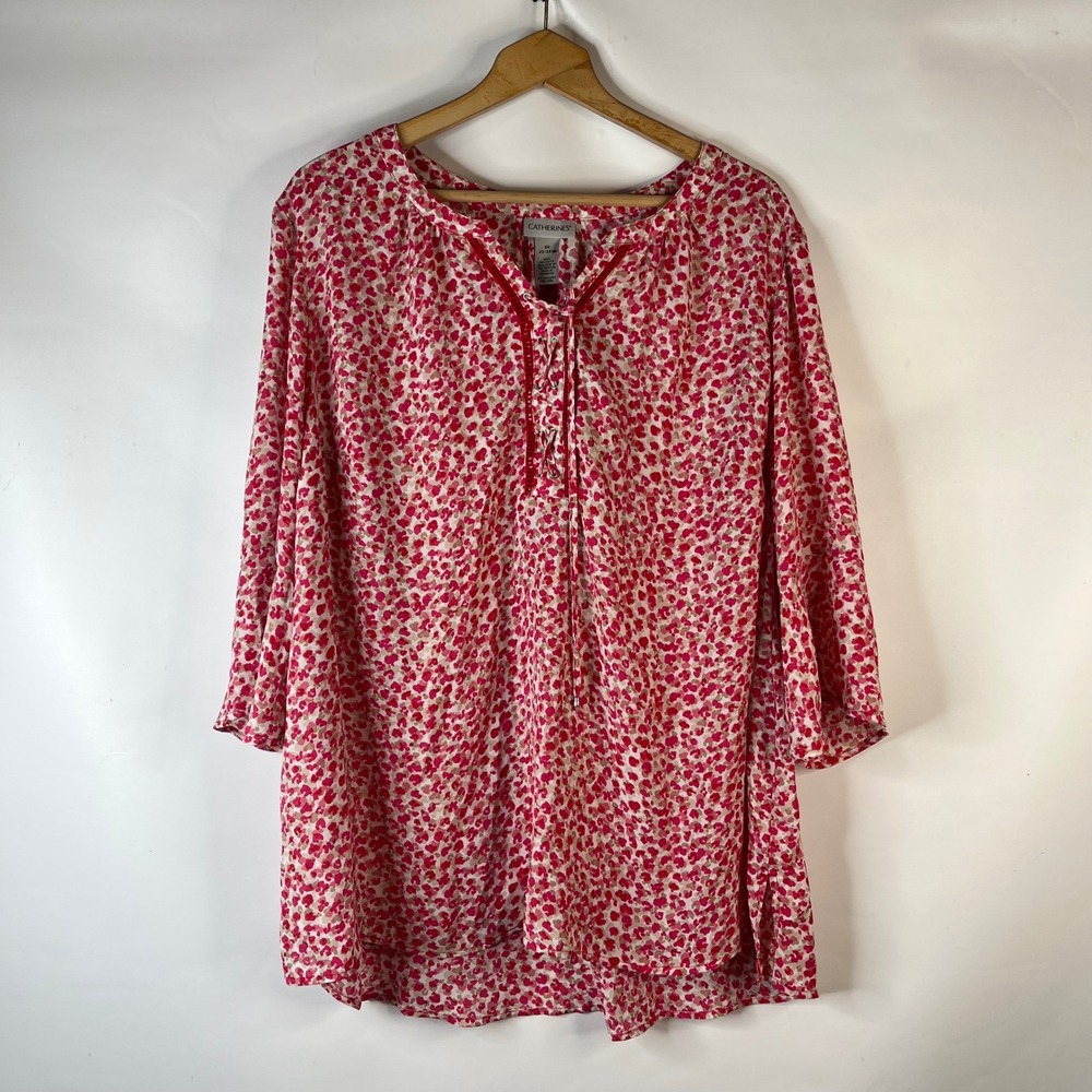 Catherines Blouse Womens 2X Pink Red Abstract Animal Print Lace Up Bell Sleeve